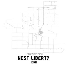 West Liberty Iowa. US street map with black and white lines.