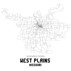 West Plains Missouri. US street map with black and white lines.