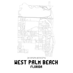 West Palm Beach Florida. US street map with black and white lines.