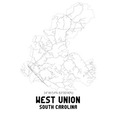 West Union South Carolina. US street map with black and white lines.