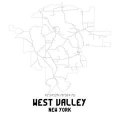 West Valley New York. US street map with black and white lines.