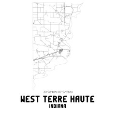 West Terre Haute Indiana. US street map with black and white lines.