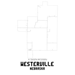 Westerville Nebraska. US street map with black and white lines.