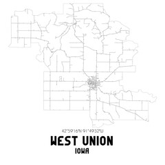 West Union Iowa. US street map with black and white lines.