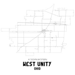 West Unity Ohio. US street map with black and white lines.