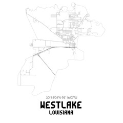 Westlake Louisiana. US street map with black and white lines.