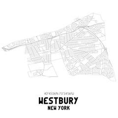 Westbury New York. US street map with black and white lines.