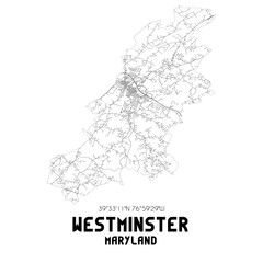 Westminster Maryland. US street map with black and white lines.