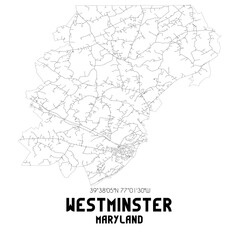 Westminster Maryland. US street map with black and white lines.