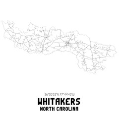 Whitakers North Carolina. US street map with black and white lines.