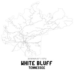 White Bluff Tennessee. US street map with black and white lines.
