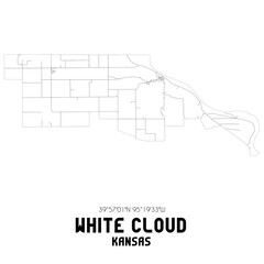 White Cloud Kansas. US street map with black and white lines.