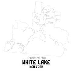 White Lake New York. US street map with black and white lines.