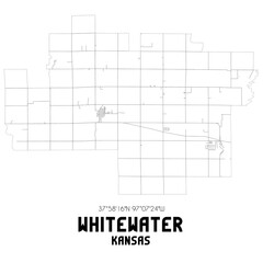 Whitewater Kansas. US street map with black and white lines.