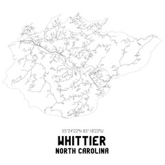 Whittier North Carolina. US street map with black and white lines.