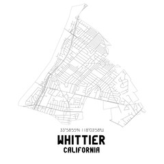 Whittier California. US street map with black and white lines.