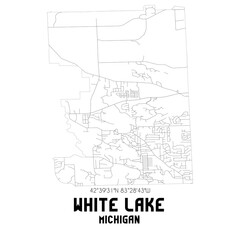White Lake Michigan. US street map with black and white lines.