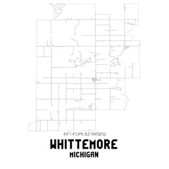 Whittemore Michigan. US street map with black and white lines.