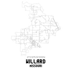 Willard Missouri. US street map with black and white lines.