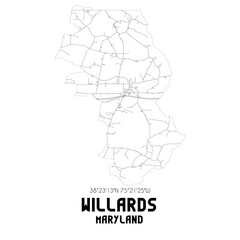 Willards Maryland. US street map with black and white lines.