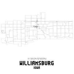 Williamsburg Iowa. US street map with black and white lines.