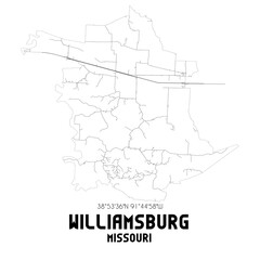 Williamsburg Missouri. US street map with black and white lines.