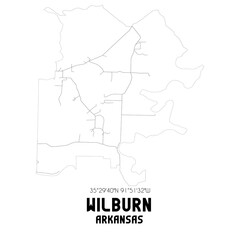 Wilburn Arkansas. US street map with black and white lines.