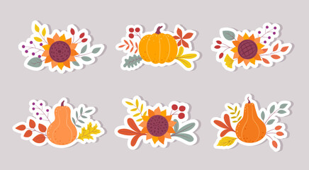 A set of autumn elements for decoration. Pumpkins, sunflowers, plants. Autumn arrangements set isolated on white. Flat cartoon illustration.