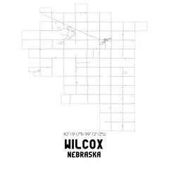 Wilcox Nebraska. US street map with black and white lines.