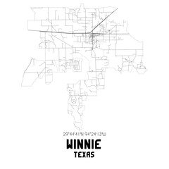 Winnie Texas. US street map with black and white lines.