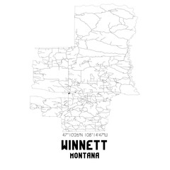 Winnett Montana. US street map with black and white lines.
