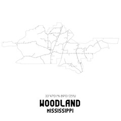 Woodland Mississippi. US street map with black and white lines.
