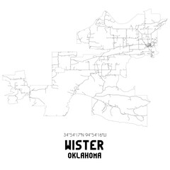 Wister Oklahoma. US street map with black and white lines.