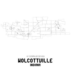 Wolcottville Indiana. US street map with black and white lines.