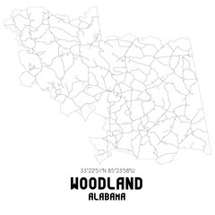 Woodland Alabama. US street map with black and white lines.