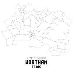 Wortham Texas. US street map with black and white lines.