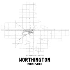 Worthington Minnesota. US street map with black and white lines.