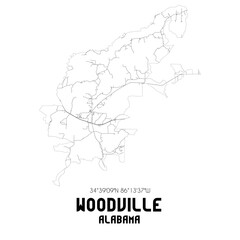 Woodville Alabama. US street map with black and white lines.