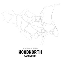 Woodworth Louisiana. US street map with black and white lines.