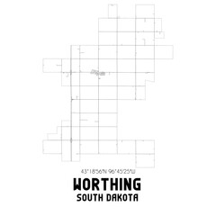 Worthing South Dakota. US street map with black and white lines.