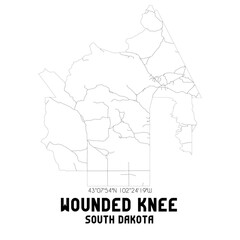 Wounded Knee South Dakota. US street map with black and white lines.
