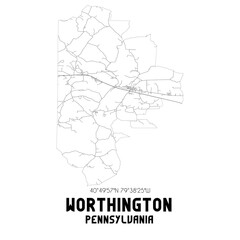 Worthington Pennsylvania. US street map with black and white lines.