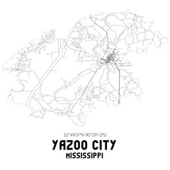 Yazoo City Mississippi. US street map with black and white lines.