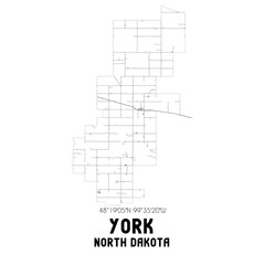 York North Dakota. US street map with black and white lines.
