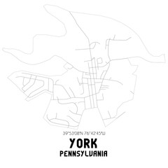 York Pennsylvania. US street map with black and white lines.