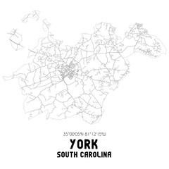 York South Carolina. US street map with black and white lines.