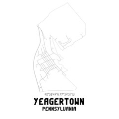 Yeagertown Pennsylvania. US street map with black and white lines.