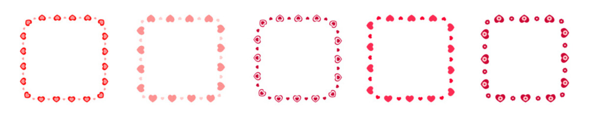 Set of square frames with hearts and flowers. Collection of templates for Valentine day card, wedding invitation, photo, picture, banner, stickers. Vector flat illustration