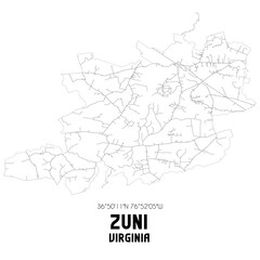 Zuni Virginia. US street map with black and white lines.