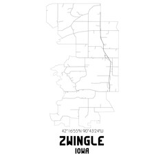 Zwingle Iowa. US street map with black and white lines.